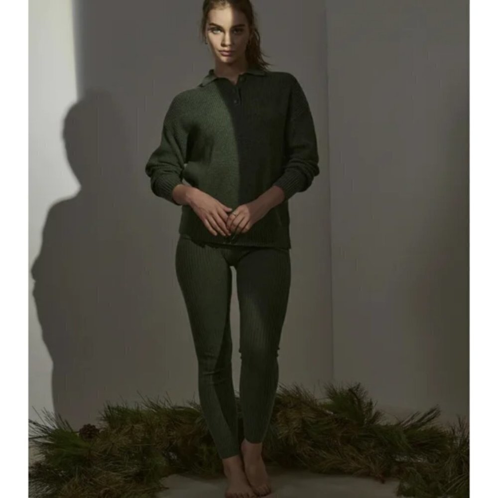 💕LUNYA💕 Cozy Cotton Silk Polo Pullover Sweater ~ Canopy Green M NWT